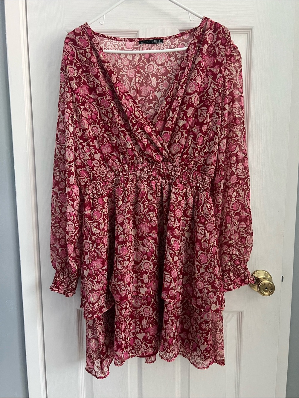 Floral V-Neck Smocked Waist Dress - Red, Pink, Gold Mettalic